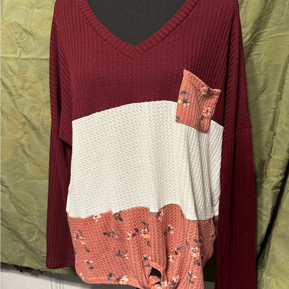 Wishful Park Burgundy Knit Knotted Front V-Neck Sweater with Pocket Sz L NWT